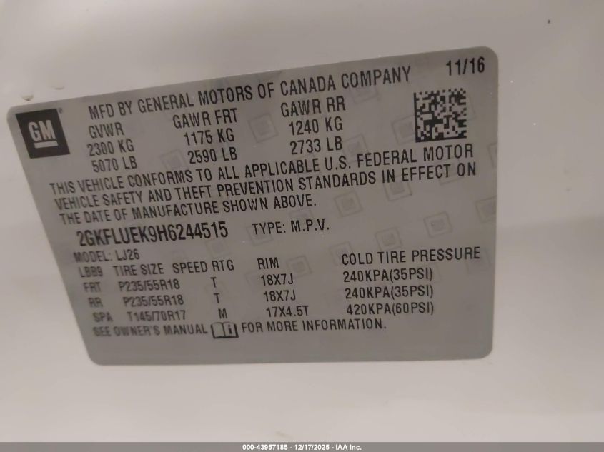 2017 GMC Terrain Slt VIN: 2GKFLUEK9H6244515 Lot: 43957185