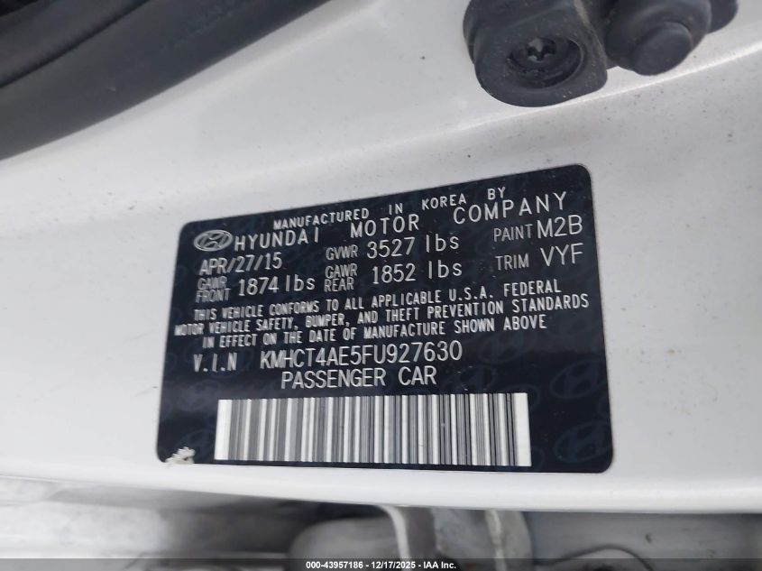 2015 Hyundai Accent Gls VIN: KMHCT4AE5FU927630 Lot: 43957186