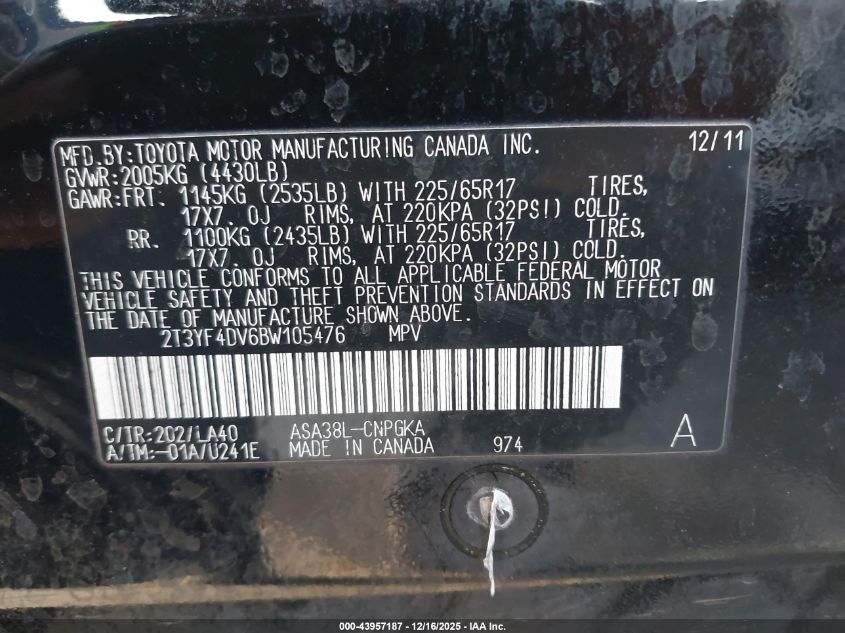 2011 Toyota Rav4 Limited VIN: 2T3YF4DV6BW105476 Lot: 43957187