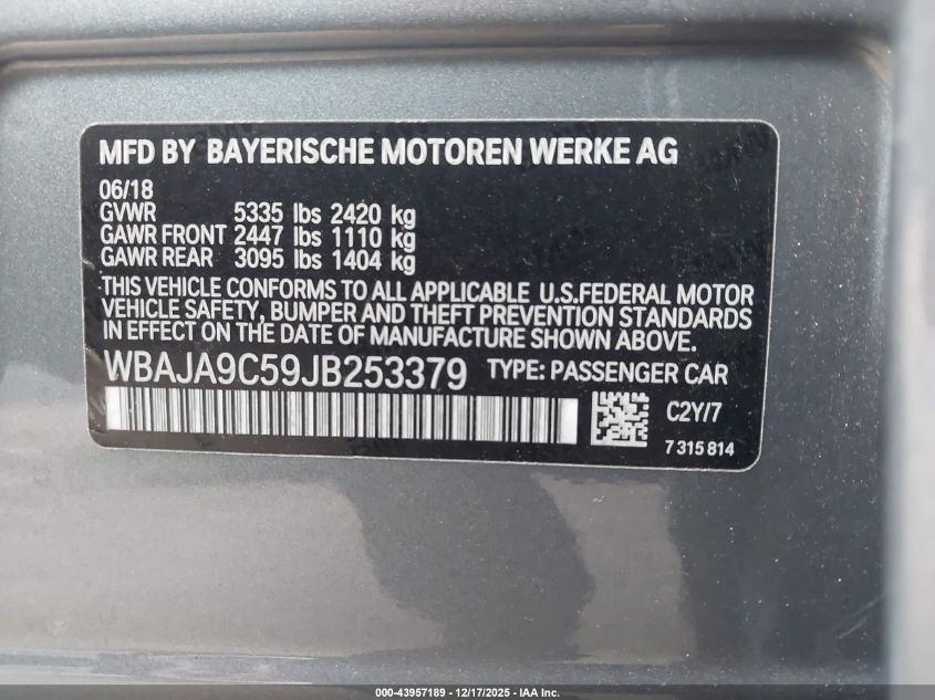 2018 BMW 530E Iperformance VIN: WBAJA9C59JB253379 Lot: 43957189