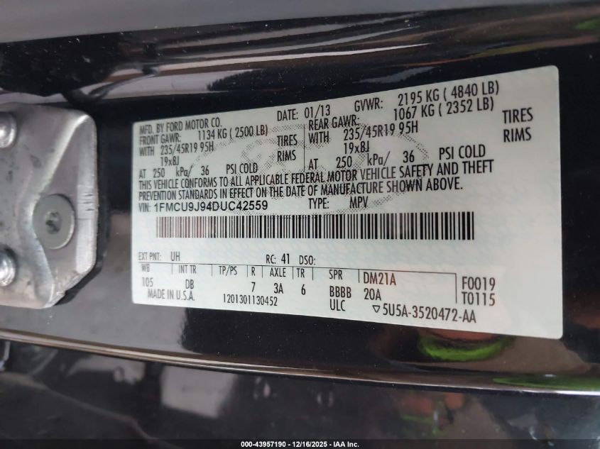 2013 Ford Escape Titanium VIN: 1FMCU9J94DUC42559 Lot: 43957190