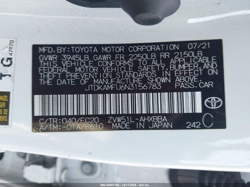 2022 Toyota Prius L VIN: JTDKAMFU6N3156783 Lot: 43957194