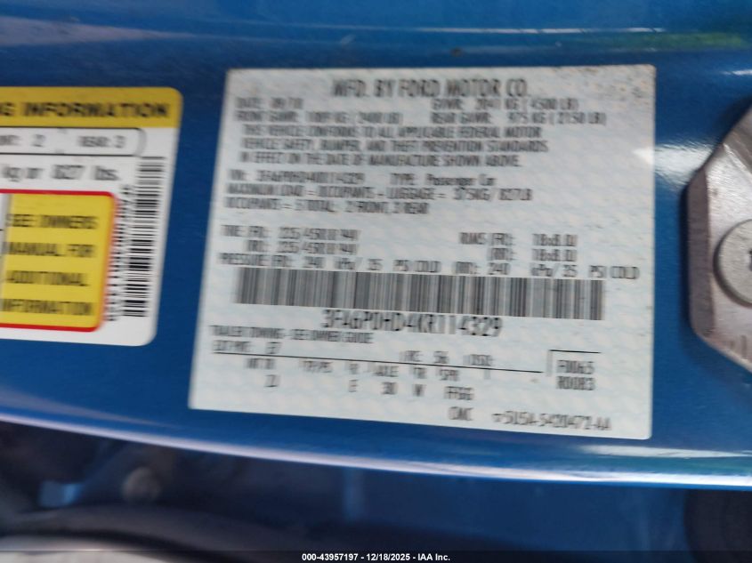 2019 Ford Fusion Se VIN: 3FA6P0HD4KR114329 Lot: 43957197