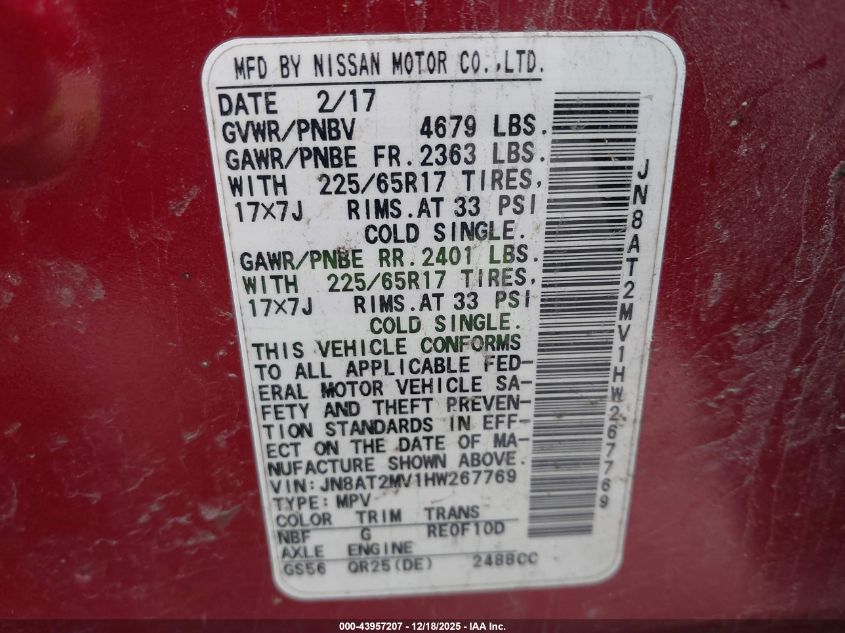 2017 Nissan Rogue Sv VIN: JN8AT2MV1HW267769 Lot: 43957207