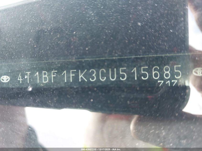 2012 Toyota Camry Le VIN: 4T1BF1FK3CU515685 Lot: 43957210