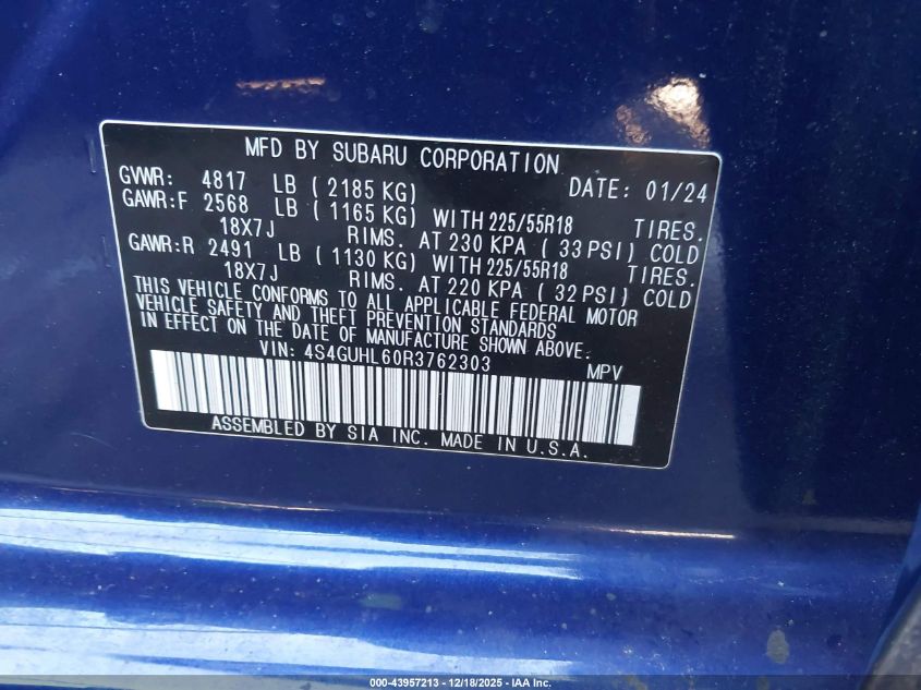 2024 Subaru Crosstrek Limited VIN: 4S4GUHL60R3762303 Lot: 43957213