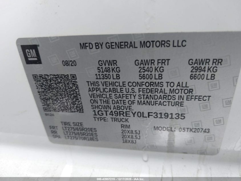 2020 GMC Sierra 2500Hd 4Wd Standard Bed Denali VIN: 1GT49REY0LF319135 Lot: 43957215