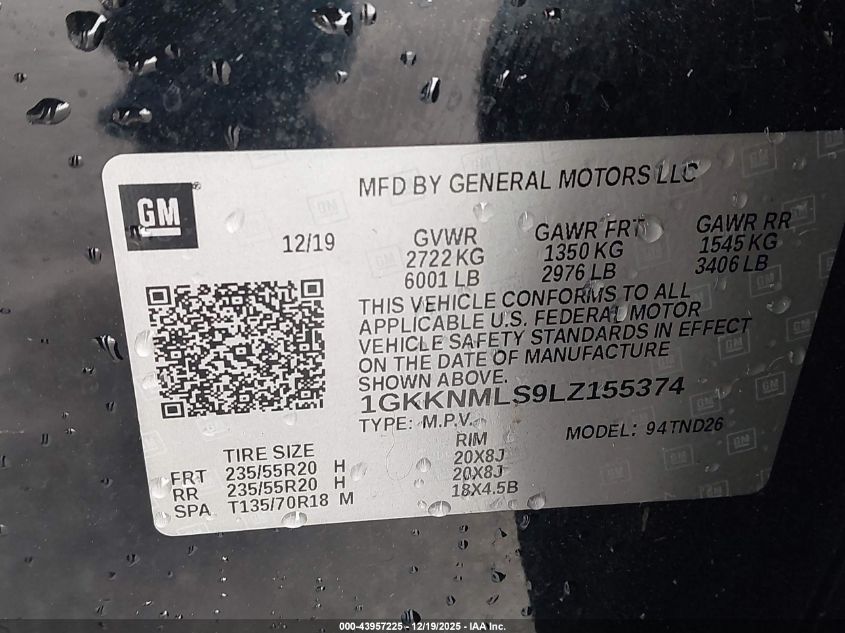 2020 GMC Acadia Fwd Slt VIN: 1GKKNMLS9LZ155374 Lot: 43957225