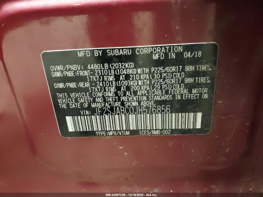 2018 Subaru Forester 2.5I VIN: JF2SJABC0JH576856 Lot: 43957226