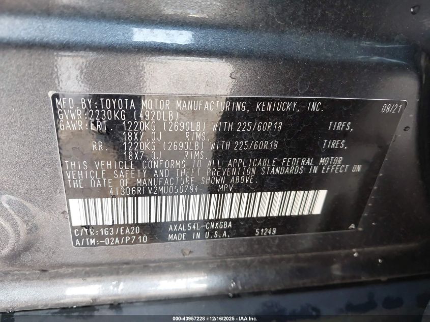 2021 Toyota Rav4 Hybrid Limited VIN: 4T3D6RFV2MU050794 Lot: 43957228