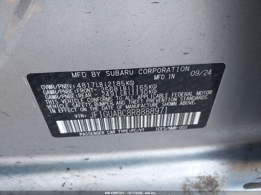 2024 Subaru Impreza Base 5-Door VIN: JF1GUABC8R8888971 Lot: 43957231
