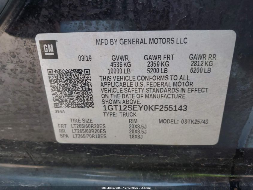 2019 GMC Sierra 2500Hd Denali VIN: 1GT12SEY0KF255143 Lot: 43957235
