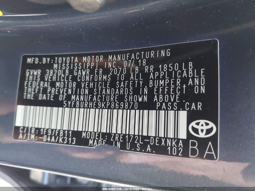 2019 Toyota Corolla Le VIN: 5YFBURHE9KP869870 Lot: 43957236