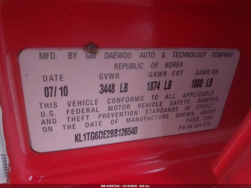 2011 Chevrolet Aveo 2Lt VIN: KL1TG6DE2BB126540 Lot: 43957242