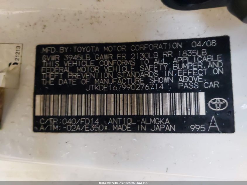 2009 Scion Tc VIN: JTKDE167990276714 Lot: 43957243