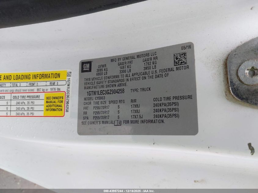 2016 GMC Sierra 1500 VIN: 1GTN1LEC3GZ904258 Lot: 43957244