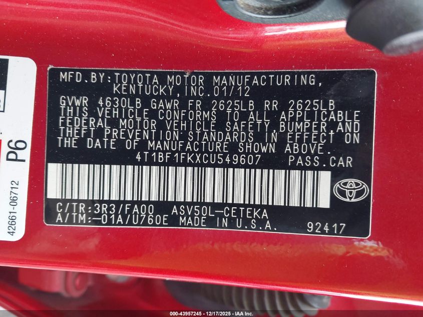 2012 Toyota Camry L VIN: 4T1BF1FKXCU549607 Lot: 43957245