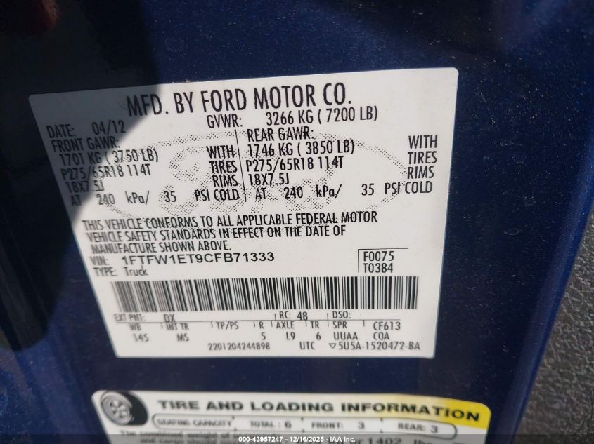 2012 Ford F-150 Xlt VIN: 1FTFW1ET9CFB71333 Lot: 43957247