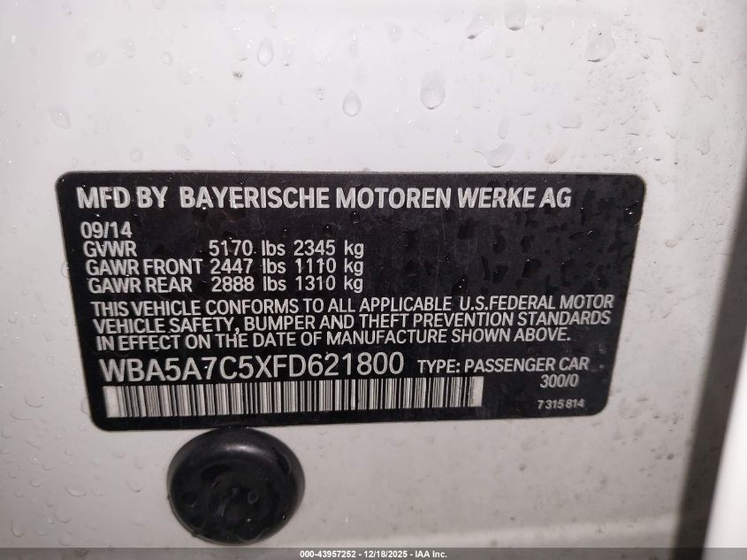 2015 BMW 528I xDrive VIN: WBA5A7C5XFD621800 Lot: 43957252