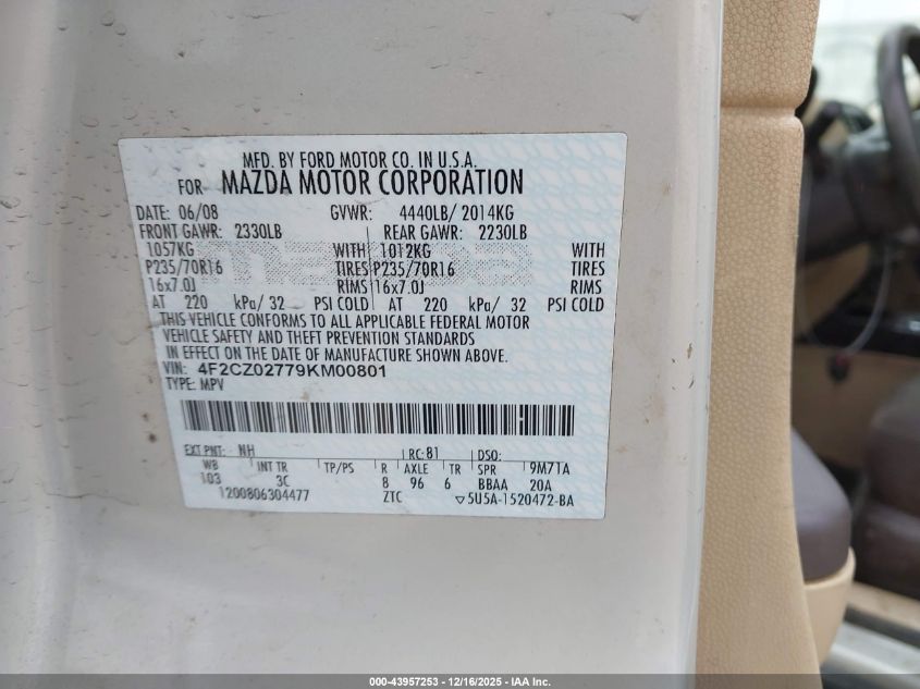2009 Mazda Tribute I Touring VIN: 4F2CZ02779KM00801 Lot: 43957253