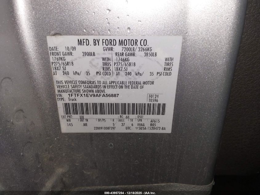 2010 Ford F-150 Fx4/Lariat/Xl/Xlt VIN: 1FTFX1EV9AFA56887 Lot: 43957254