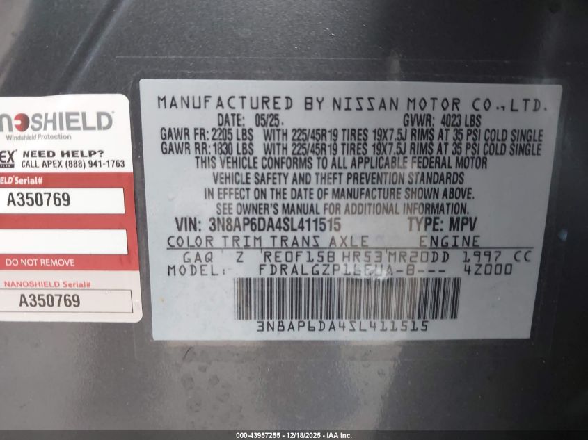 2025 Nissan Kicks Sr Fwd VIN: 3N8AP6DA4SL411515 Lot: 43957255