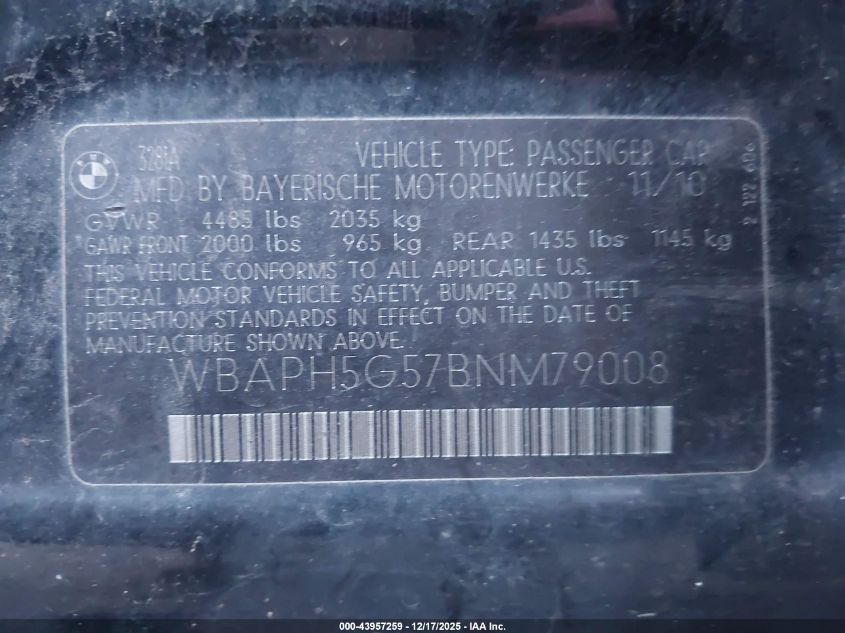 2011 BMW 328I VIN: WBAPH5G57BNM79008 Lot: 43957259