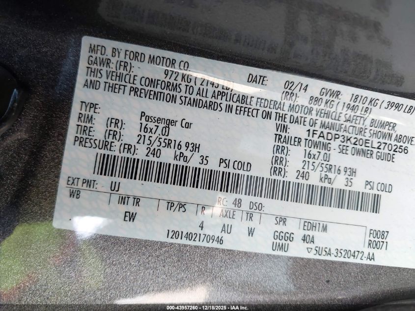 2014 Ford Focus Se VIN: 1FADP3K20EL270256 Lot: 43957260