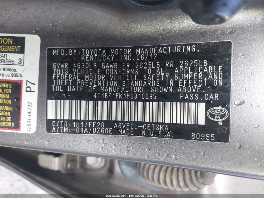 2017 Toyota Camry Se VIN: 4T1BF1FK1HU810095 Lot: 43957261