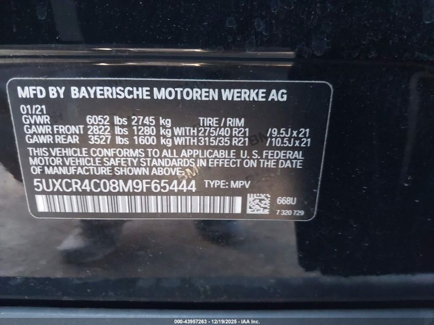 2021 BMW X5 Sdrive40I VIN: 5UXCR4C08M9F65444 Lot: 43957263