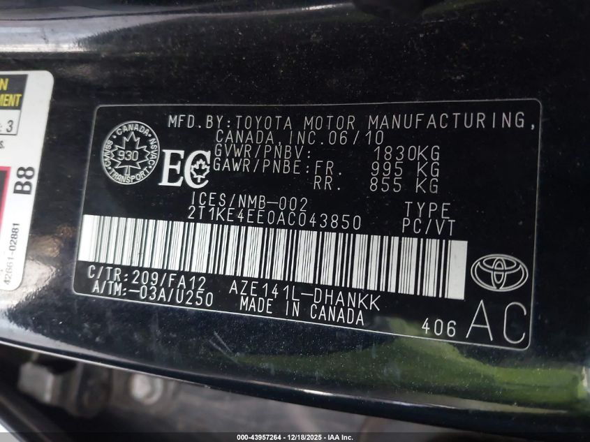 2010 Toyota Matrix Xr VIN: 2T1KE4EE0AC043850 Lot: 43957264