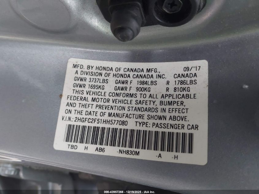 2017 Honda Civic Lx VIN: 2HGFC2F51HH577080 Lot: 43957266