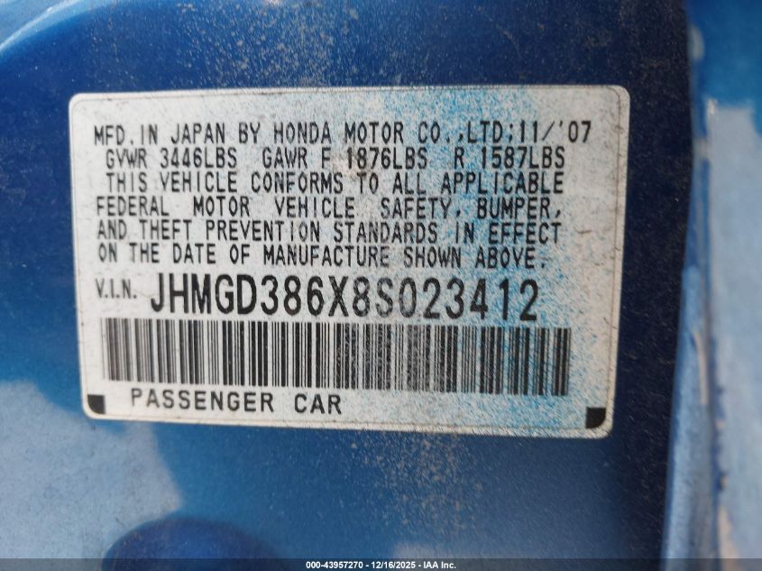 2008 Honda Fit Sport VIN: JHMGD386X8S023412 Lot: 43957270