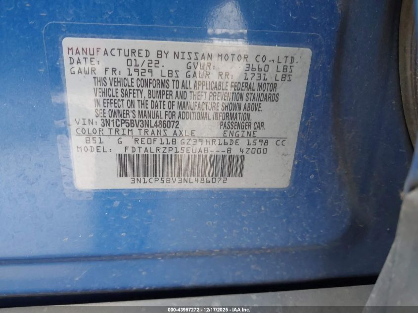 2022 Nissan Kicks S Xtronic Cvt VIN: 3N1CP5BV3NL486072 Lot: 43957272