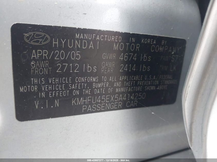 2005 Hyundai Xg350 L VIN: KMHFU45EX5A414250 Lot: 43957277