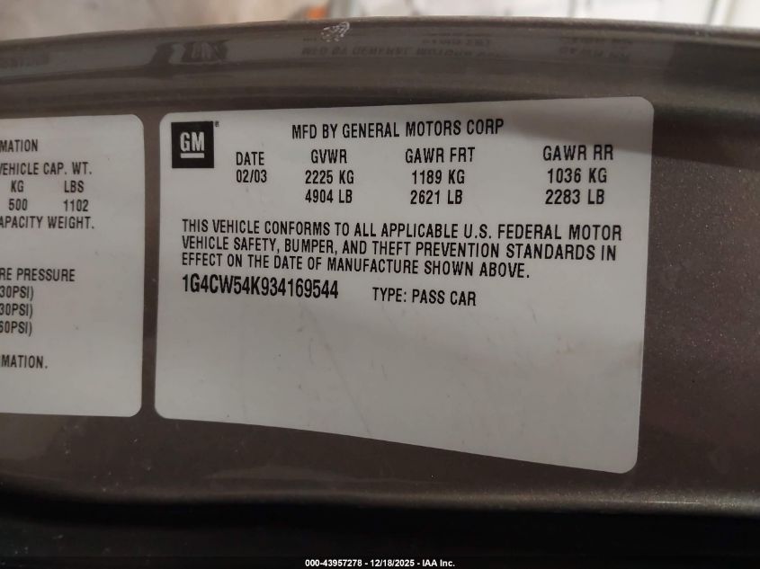 2003 Buick Park Avenue VIN: 1G4CW54K934169544 Lot: 43957278