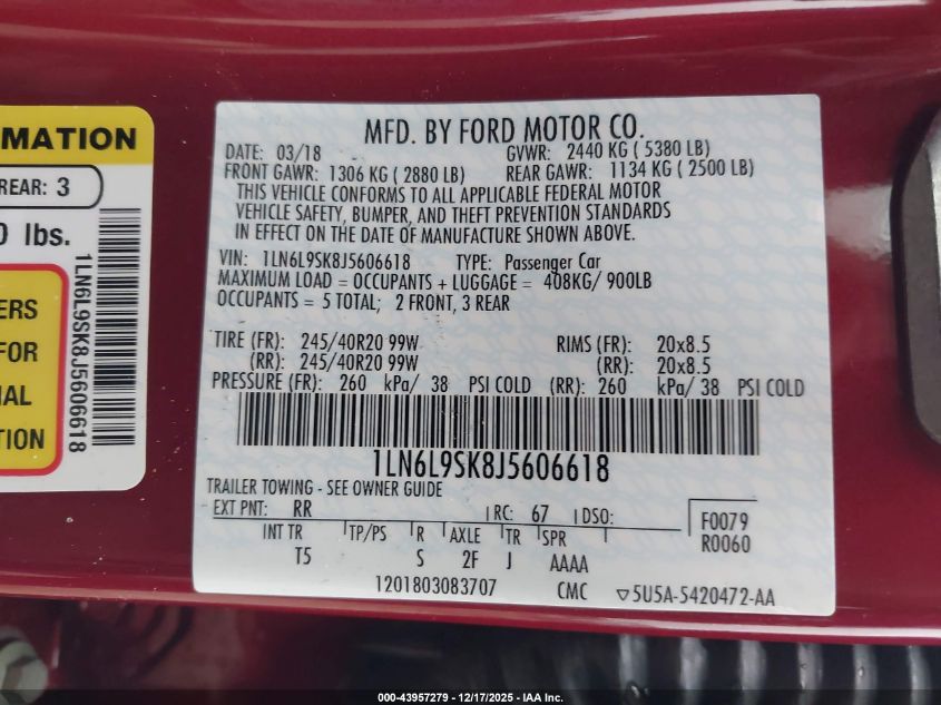 2018 Lincoln Continental Select VIN: 1LN6L9SK8J5606618 Lot: 43957279