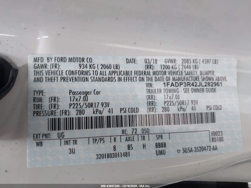 2018 Ford Focus Electric VIN: 1FADP3R42JL282961 Lot: 43957280