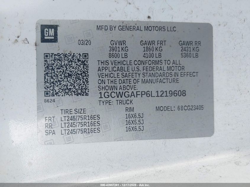 2020 Chevrolet Express Cargo Rwd 2500 Regular Wheelbase Wt VIN: 1GCWGAFP6L1219608 Lot: 43957281