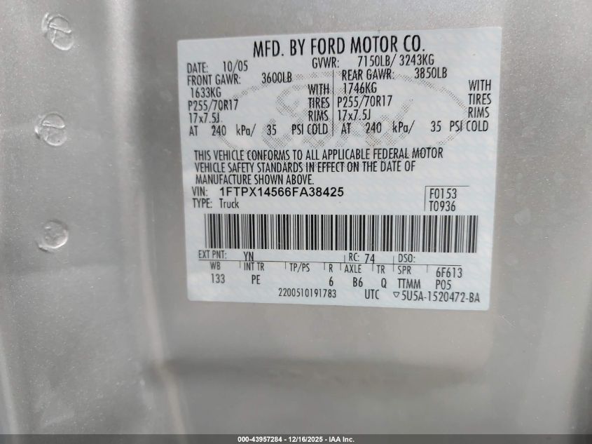 2006 Ford F-150 Fx4/Lariat/Xl/Xlt VIN: 1FTPX14566FA38425 Lot: 43957284