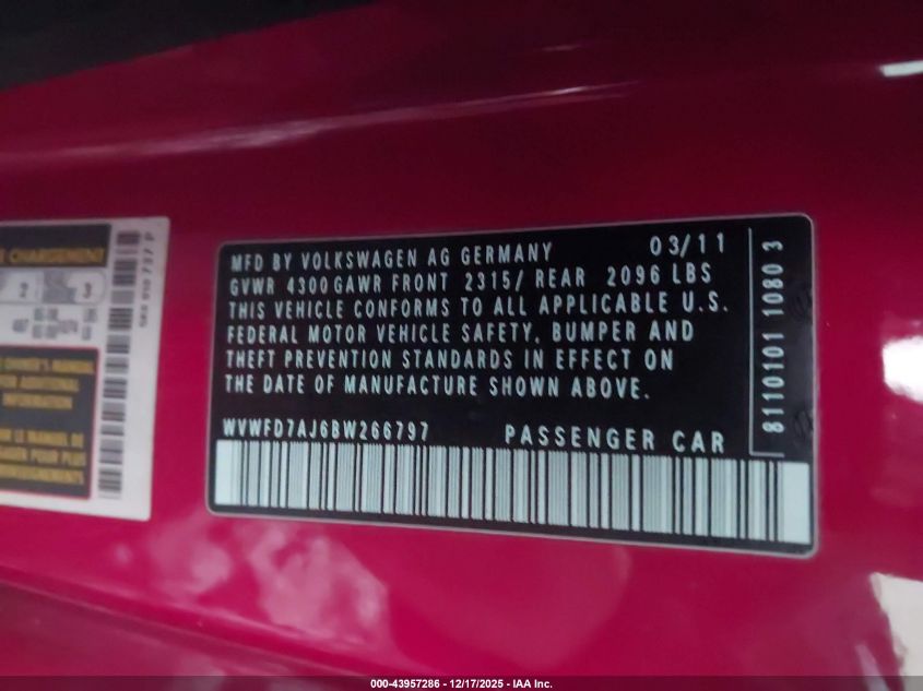 2011 Volkswagen Gti 2-Door VIN: WVWFD7AJ6BW266797 Lot: 43957286