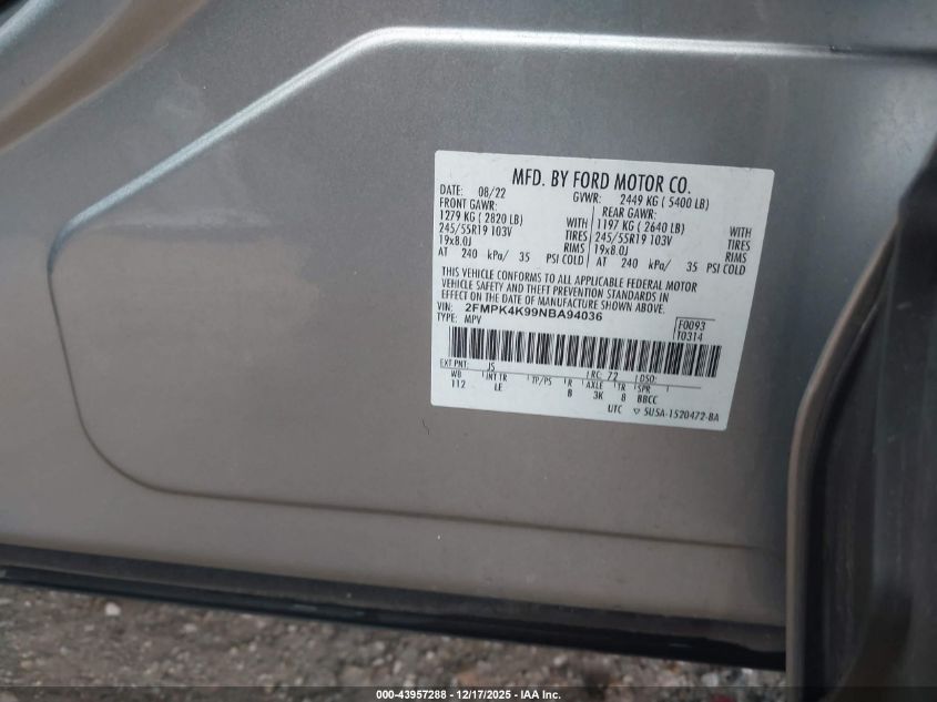 2022 Ford Edge Titanium VIN: 2FMPK4K99NBA94036 Lot: 43957288