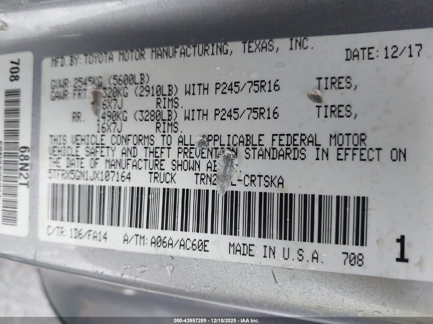 2018 Toyota Tacoma Sr5 VIN: 5TFRX5GN1JX107164 Lot: 43957289