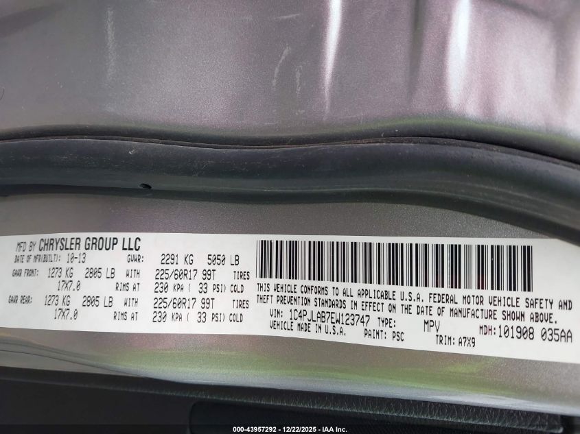 2014 Jeep Cherokee Sport VIN: 1C4PJLAB7EW123747 Lot: 43957292