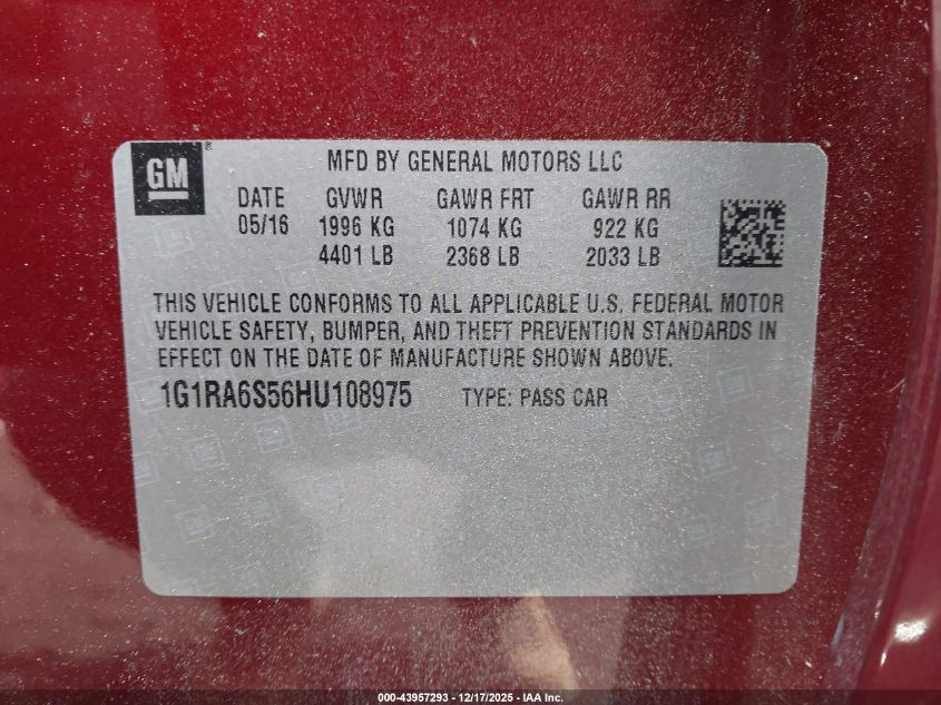 2017 Chevrolet Volt Lt VIN: 1G1RA6S56HU108975 Lot: 43957293