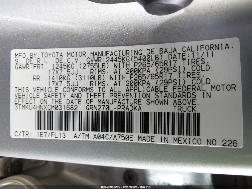 2012 Toyota Tacoma Prerunner V6 VIN: 3TMKU4HNXCM031682 Lot: 43957296