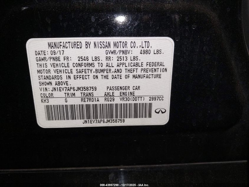 2018 Infiniti Q50 3.0T Luxe VIN: JN1EV7AP6JM358759 Lot: 43957298