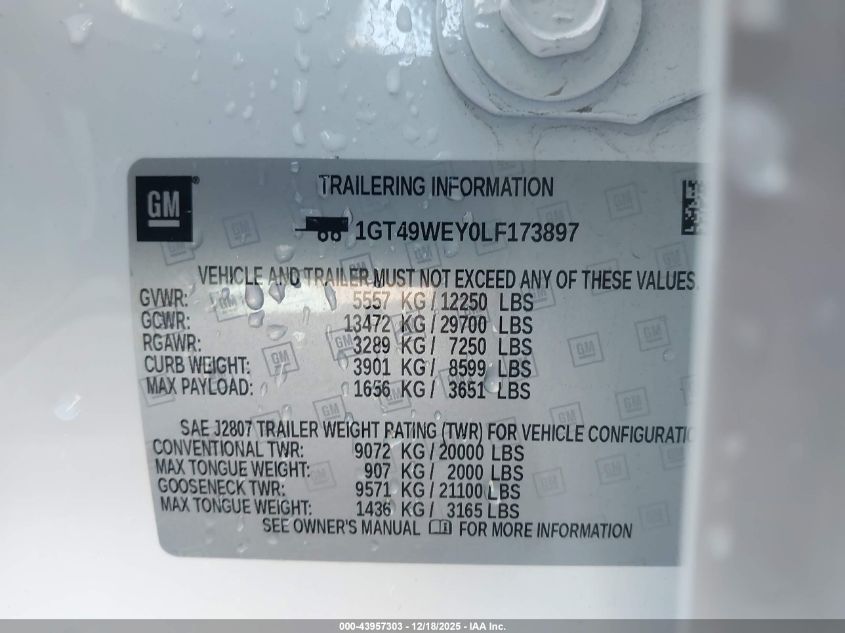 2020 GMC Sierra 3500Hd 4Wd Long Bed Denali VIN: 1GT49WEY0LF173897 Lot: 43957303
