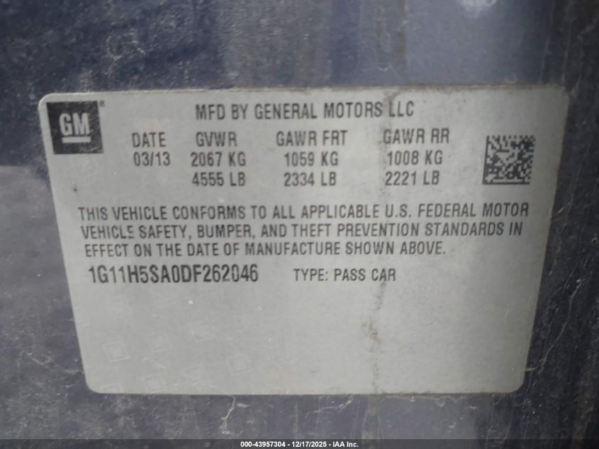 2013 Chevrolet Malibu 1Lz VIN: 1G11H5SA0DF262046 Lot: 43957304