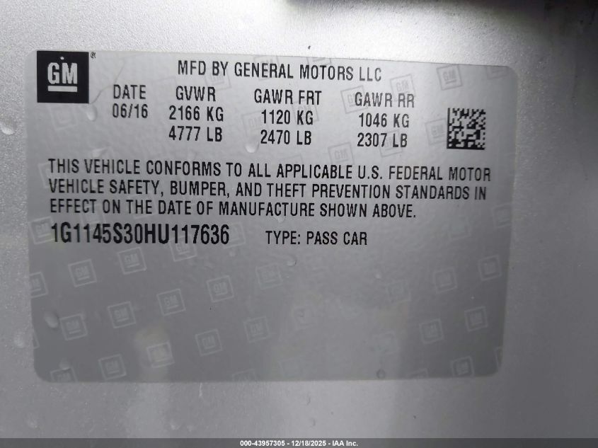 2017 Chevrolet Impala 2Lz VIN: 1G1145S30HU117636 Lot: 43957305